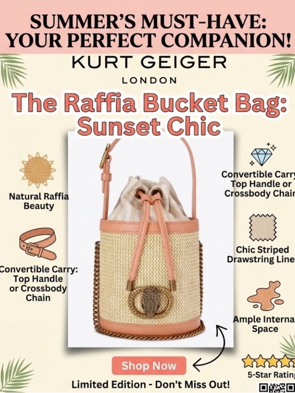 Kurt Geiger Raffia Bucket Bag with Pink Trim and Gold Hardware